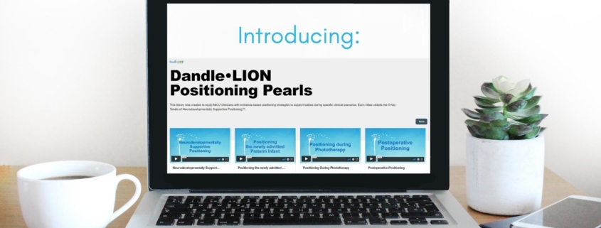 Laptop sitting on desk, with "Introducing: Dandle Lion Positioning Pearls" and four preview images of positioning pearl videos on the screen.